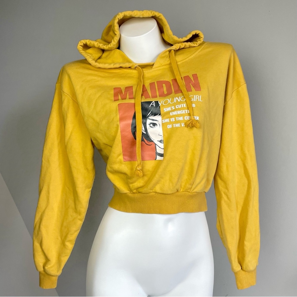 Yellow Harajuku Graphic Cropped Hoodie